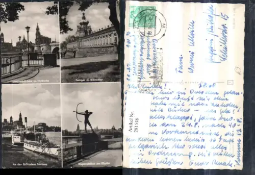 281546,Dresden Zwinger m. Kronentor Bogenschütze Statue Dimitroff-Brücke Kirche Dampfer Mehrbildkarte