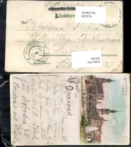 703764 Lithographie Gruss aus Dresden Kath. Hof Kirche Schloß