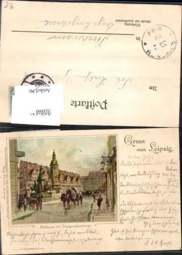703660 Lithographie Gruss aus Leipzig Rathaus Siegesdenkmal pub Wezel e Naumann
