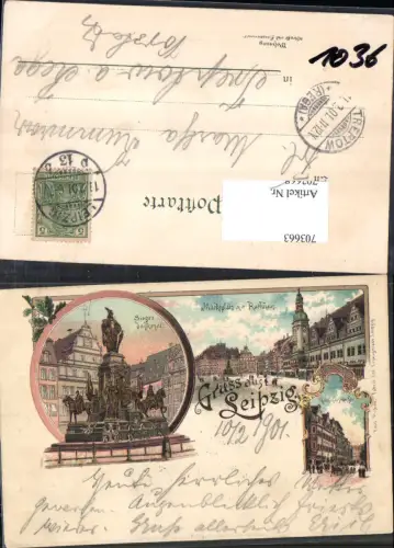 703663 Lithographie Gruss aus Leipzig Marktplatz Rathaus Siegesdenkmal