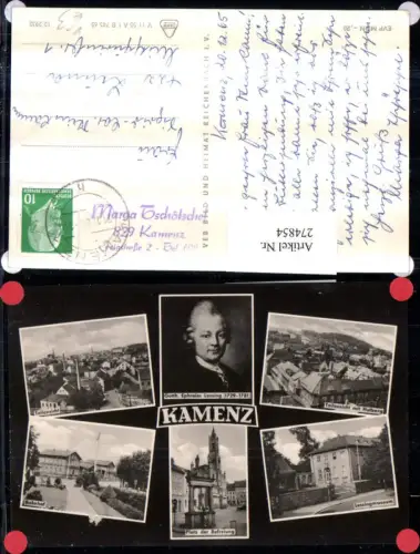 274854,Kamenz Totale Lessing Portrait Lessingmuseum Bahnhof Platz d. Befreiung Mehrbildkarte pub VEB