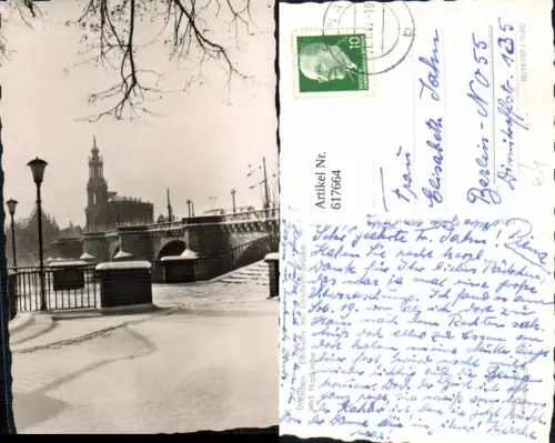617664,Foto Ak Dresden Elbmotiv m. Dimitroff-Brücke u. Hofkirche Winteransicht