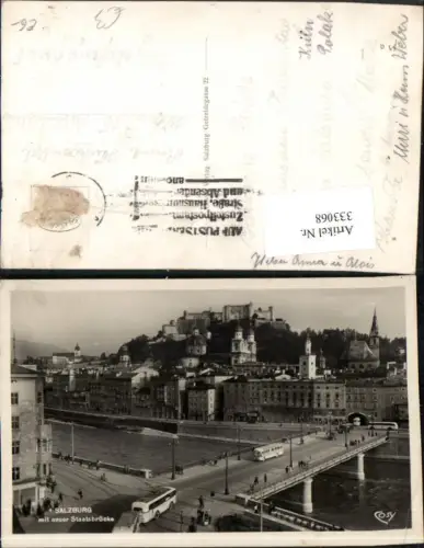 333068,Salzburg Teilansicht Staatsbrücke Brücke m. Festung Straßenbahn Autobus pub Cosy