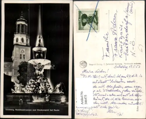 346475,Salzburg Residenzbrunnen Brunnen u. Glockenspiel b. Nacht