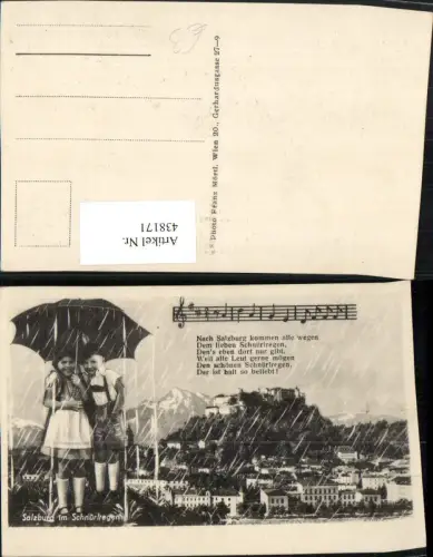 438171,Salzburg Teilansicht m. Festung im Schnürlregen Kinder Tracht Schirm Liedzeile