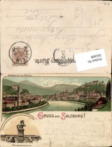 565408,tolle Lithographie Salzburg Mülln Pferdeschwemme 1899