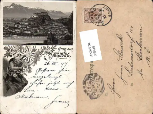 565415,tolle Lithographie Gruß aus Salzburg 1897 Zwerg Edelweiss