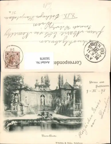 565978,Litho Salzburg Schloss Hellbrunn Tischgrotte Wasserspiele Springbrunnen pub Würthle u. Sohn