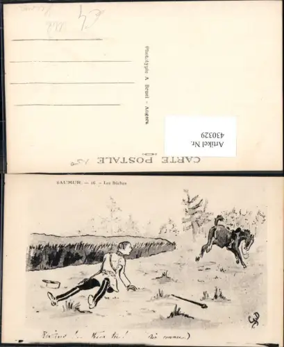 430329,Künstler Ak Saumur Les Buches Soldat n. Sturz v. Pferd Militärhumor Humor