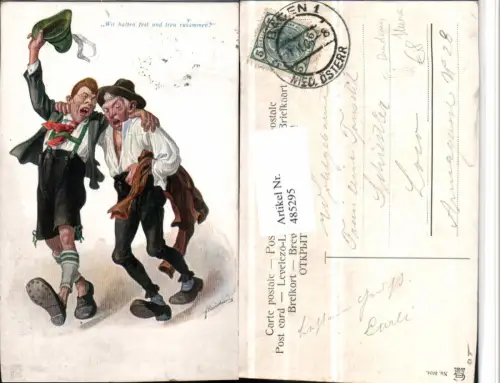 485295,Künstler AK F. Quidenus Trinkerhumor Betrunkene Zusammenhalt Hut