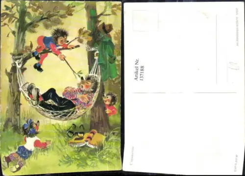 137188,Igel Vater i. Hängematte Kinder spielen Streich