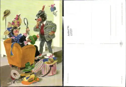 137257,Igel Frau u. Mann b. Hutkauf Hut Spiegel