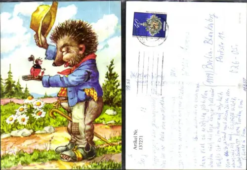 137271,Igel Mann m. Marienkäfer a. Hand Hut Zylinder Gruß