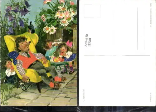 137281,Igel Mann schläft i. Garten Kinder essen u. trinken seine Jause Streich