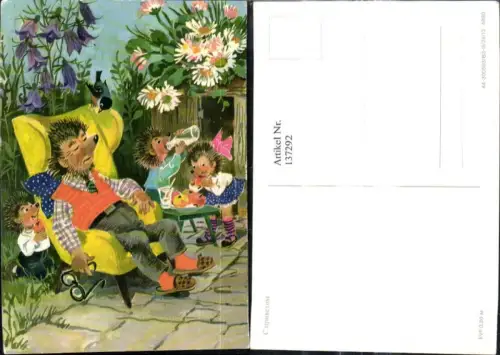 137292,Igel Mann schläft i. Garten Kinder essen u. trinken seine Jause Streich