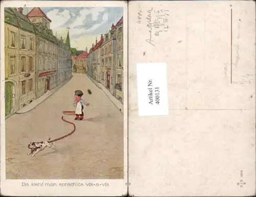 400131,Scheuermann unsign. Bub Fleischer Hund m. Wurst Da sieht man sprachlos vis a vis Scherz Humor