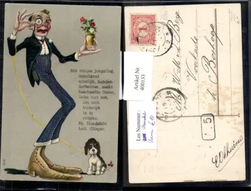 400133,Präge Ak Monokel Riese Mann Hund Surrealismus Blumen Scherz Humor