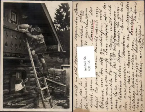 400136,Auf der Brautschau Paar Umarmung Leiter Balkon Scherz Humor