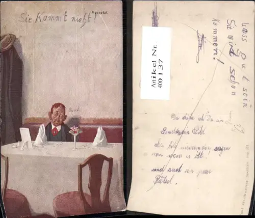 400137,Künstler Ak Versetzt Mann alleine a. Tisch Scherz Humor