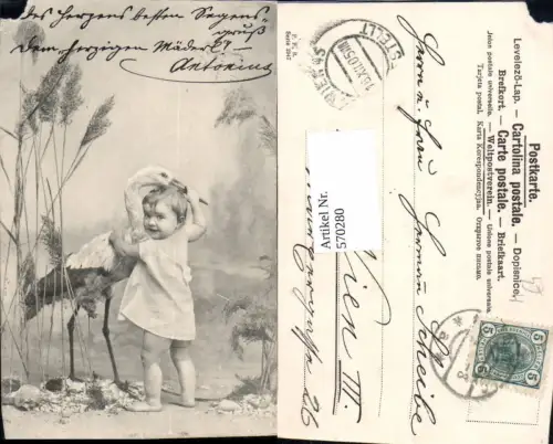 570280,Tolle AK Kind m. Storch Humor Scherz