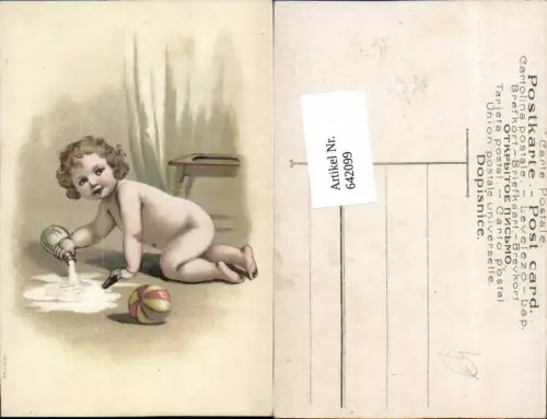 642099,Scherz Humor Kind m. Milch Ball am Boden