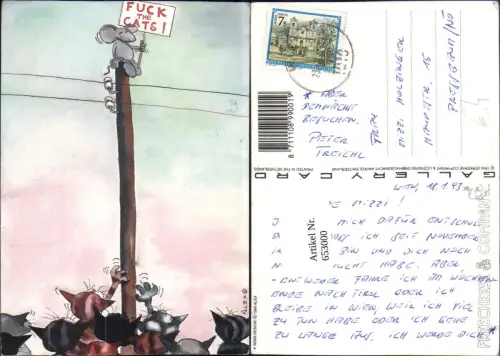 653000,Künstler Ak Alex Fuck the Cats Maus auf Stromleitung Humor