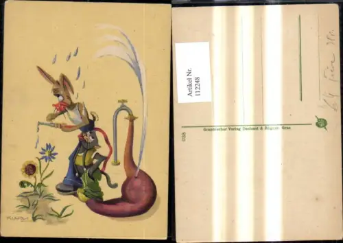 112248,Künstler Ak Klapa Scherz Humor Hase Maus m. Gartenschlauch Blumen