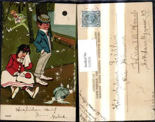 112416,Künstler Ak Scherz Humor Frau weint Korb liegt a. Boden