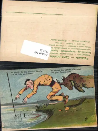 115653,Juxkarte Scherzkarte Steinbock stösst Angler ins Wasser