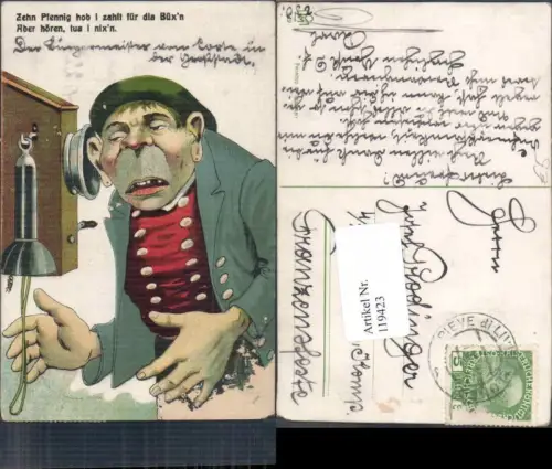 119423,Scherzkarte Juxkarte Dummer Mann am antiken Telefon hört nichts