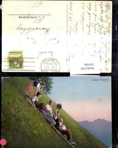 141446,Lustige Heimfahrt Familie Schlitten über Wiese Berghang Scherz Humor