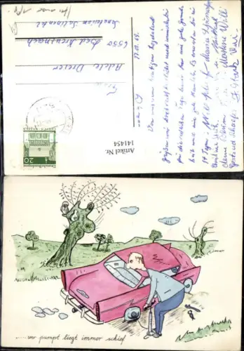141454,Künstler Ak Auto platter Reifen Wer pumpt liegt immer schief Scherz Humor
