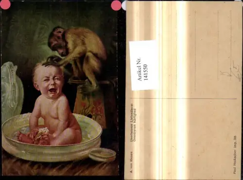 141550,Künstler Ak A. v. Riesen Unerbetener Liebesdienst Affe laust Kind Scherz Humor pub Paul Heckscher 305