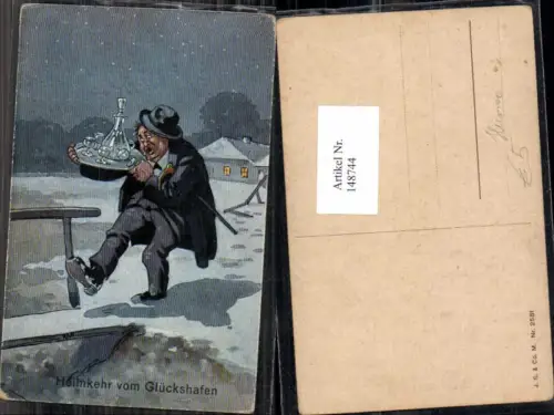 148744,Scherzkarte Humor Juxkarte Mann betrunken m. Schnaps heimkehr