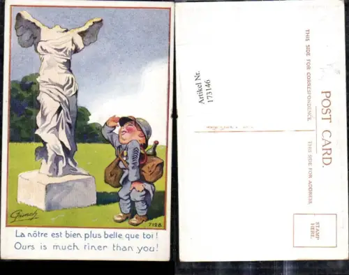 173146,Künstler Ak G. Lunch Scherz Humor Bub Kindersoldat salutiert v. kopfloser Statue Spruch