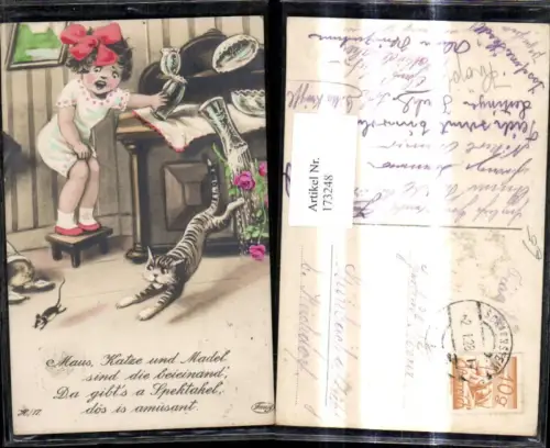 173248,Künstler Ak Scherz Humor Mädchen a. Hocker Katze jagt Maus Vase fällt z. Boden Spruch