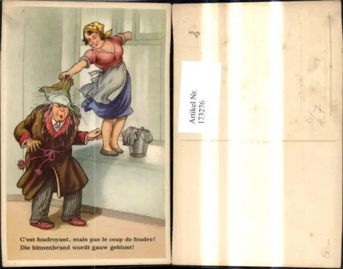 173276,Künstler Ak Scherz Humor Frau b. Fensterputzen Mann m. Putztuch a. Kopf Spruch Text