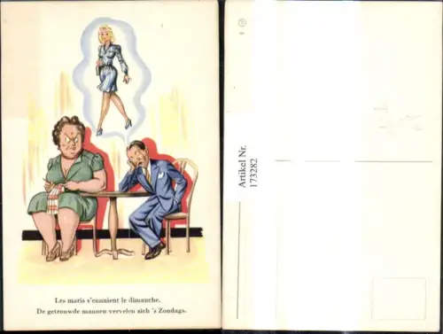 173282,Künstler Ak Scherz Humor Ehefrau b. Stricken Mann träumt v. Frau Spruch Text