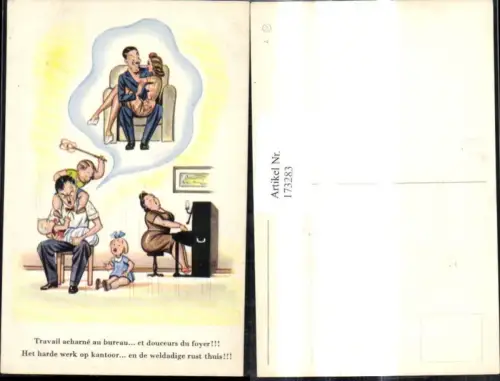 173283,Künstler Ak Scherz Humor Vater m. Kinder u. Ehefrau träumt v. Sexy Frau Spruch