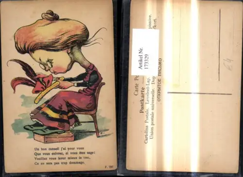 173329,Künstler Ak Scherz Humor Karikatur Frau m. Riesenkopf m. Hut i. Hand Spruch