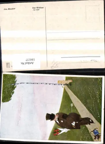 184157,Scherz Humor Der Wittiber Mann m. Zylinder u. Hund wird v. Amors Engel Pfeil getroffen Künstler Ak Jos. Mauder