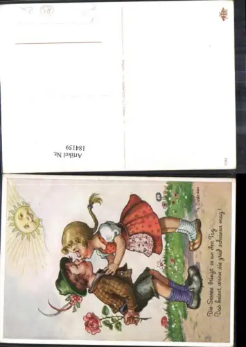 184159,Scherz Humor Bub Junge u. Mädchen küssen sich Sonnengesicht Rose Künstler Ak Fr. Bertram