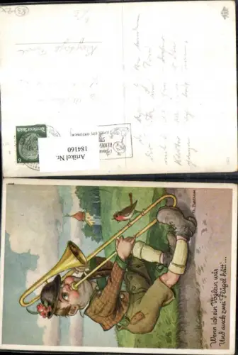 184160,Scherz Humor Mann m. Trompete sitzt a. Wegrand m. Vogel Künstler Ak Fr. Bertram