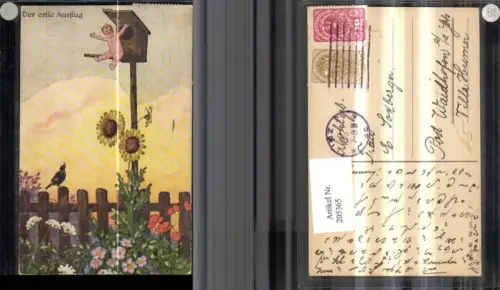 205365,Der erste Ausflug nackter Junge am Vogelhaus Sonnenblume Raabe Blumen