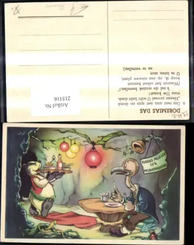 215116,Künstler Ak Humor Bär serviert Aasgeier Geier Essen i. Höhle Restaurant Doremias Das
