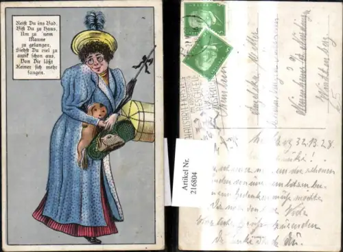 216804,Künstler Ak Frau m. Hund Tasche Hut Spruch Text Scherz Humor