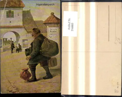 216805,Künstler Ak M. Kuglmayr Hamsterpech Mann m. Rucksack Koffer Scherz Humor