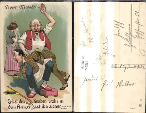 216810,Künstler Litho Mann klopt Knaben Po Prosit Neujahr Spruch Scherz Humor