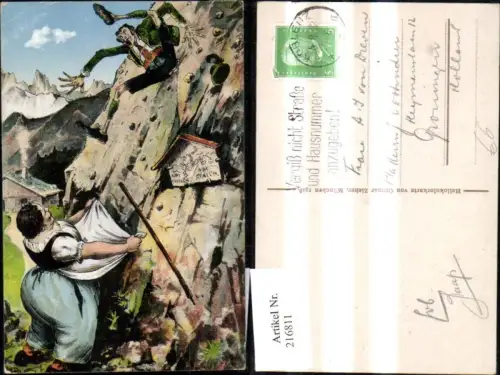 216811,Künstler Ak Mann fällt v. Berg Frau in Schürze Aufi gstiegen, Abi gfallen Scherz Humor pub Ottmar Zieher