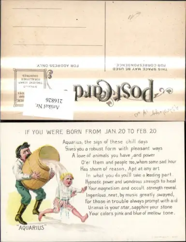 216826,Künstler Ak Aquarius Mann übergießt Jungen If you were born from Jan. 20 to Feb. 20 Sternzeichen Scherz Humor